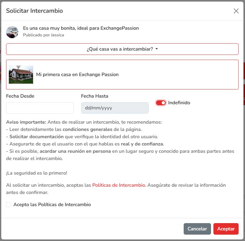Ventana modal para solicitar intercambio